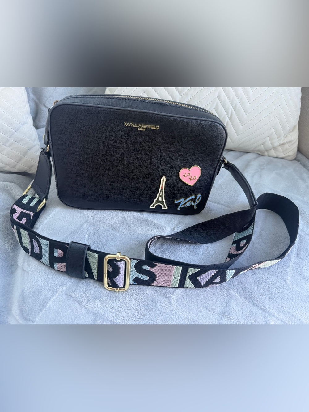 Karl Lagerfeld Black Crossbody Bag with Pink Heart and Patch Accents